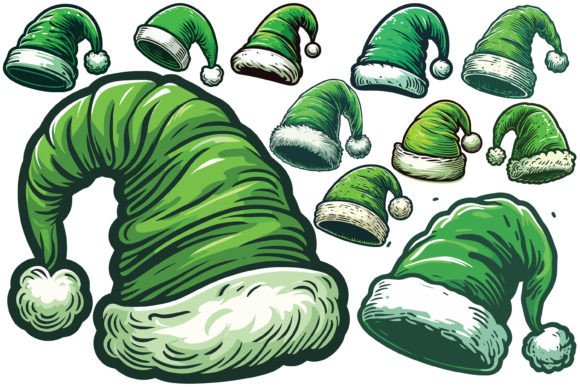 11 X Green Christmas Santa Hat Bundle: Illustrations for Seasonal Branding