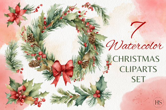 7 Watercolor Christmas Wreath Clipart for Illustrations