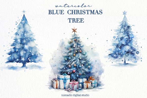9 Watercolor Blue Christmas Tree Clipart for Illustrations