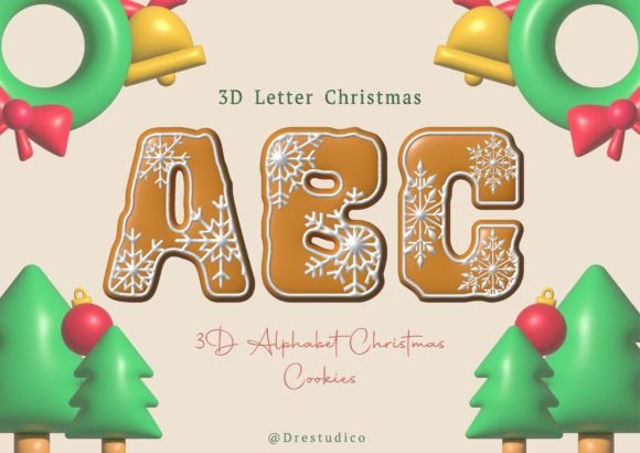 Christmas 3D Font Gingerbread Snowflake for Modern Illustrations