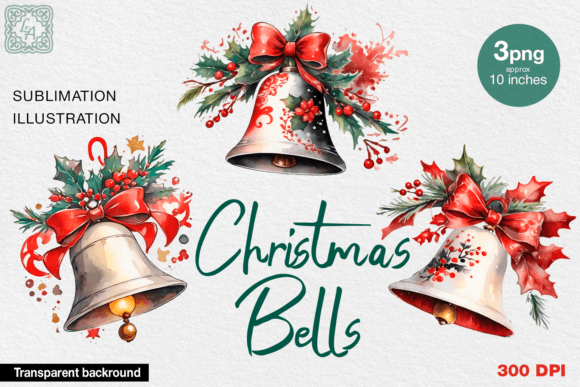 Christmas Bells Clipart. 3 PNG for Illustrations