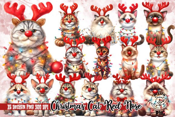 Christmas Cat Red Nose Clipart PNG for Modern Illustrations