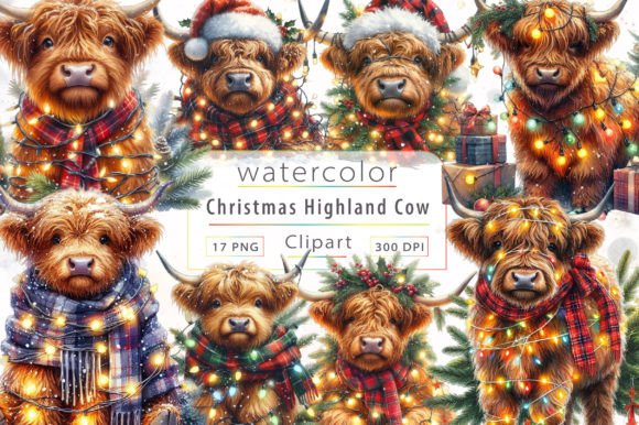 Christmas Highland Cow Sublimation and Illustrations