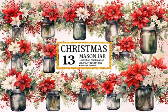Christmas Mason Jar Sublimation Clipart for Illustrations