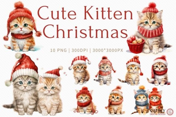 Cute Kitten Christmas Watercolor Clipart for Illustrations