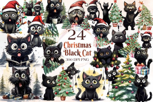 Funny Christmas Black Cat Clipart Bundle for Illustrations