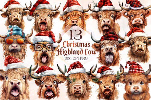 Funny Christmas Highland Cow Clipart for Modern Illustrations