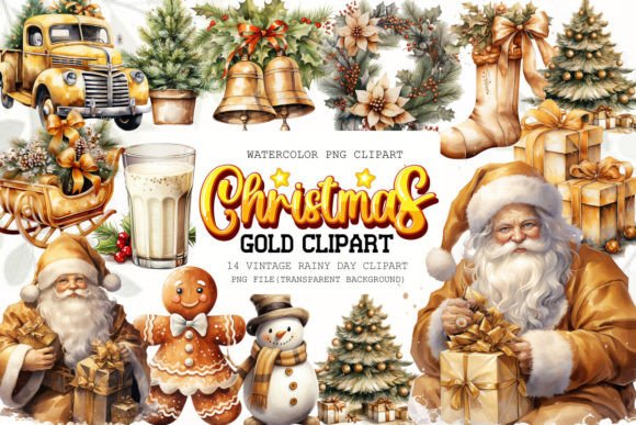 Gold Christmas Watercolor Clipart Bundle for Modern Illustrations