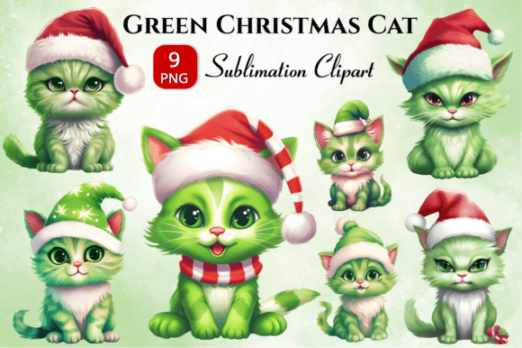 Green Christmas Cat Clipart PNG for Modern Illustrations