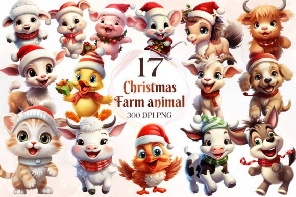Playful Christmas Farm Animal Clipart for Modern Illustrations