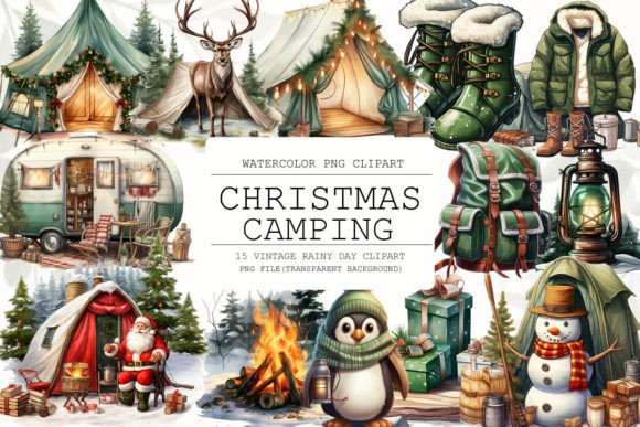 Watercolor Christmas Camping Clipart for Creative Illustrations