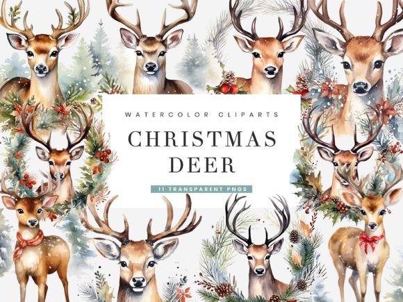 Watercolor Christmas Deer Clipart Bundle for Illustrations