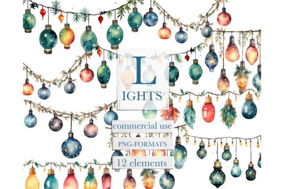 Watercolor Christmas Lights Clipart for Modern Illustrations
