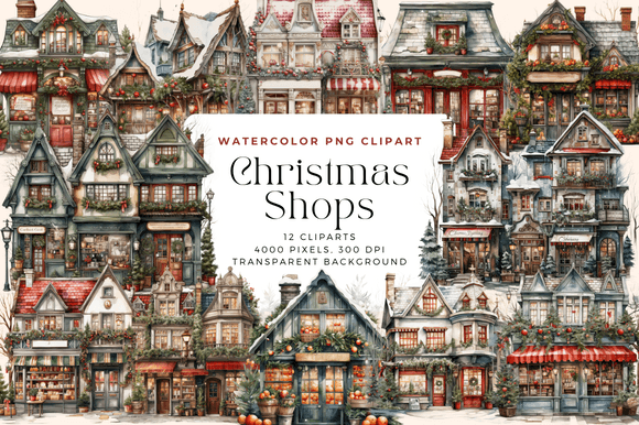 Watercolor Christmas Shops Clipart: Premium Illustrations for Holiday Branding