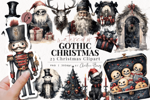 Watercolor Gothic Christmas Clipart for Modern Illustrations