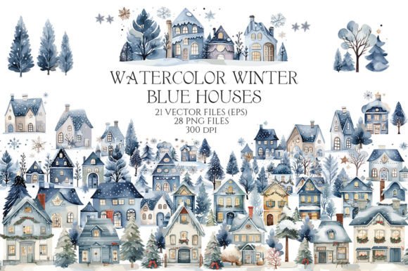 Watercolor Winter Christmas Blue Houses for Illustrations