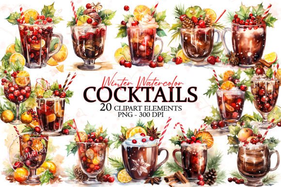 Winter Cocktail Christmas Watercolor for Holiday Illustrations